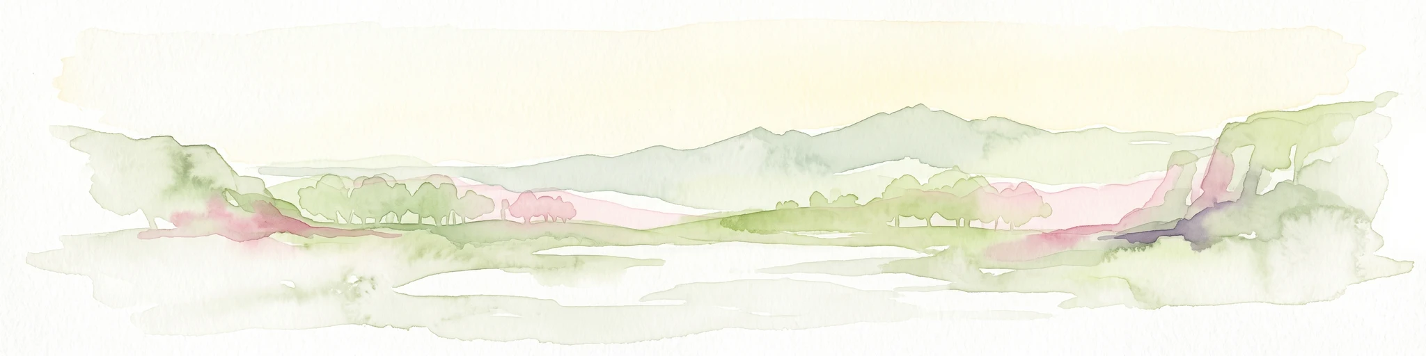 A pale, abstract watercolor painting showing rolling green hills and distant mountain ridgelines on a white background.