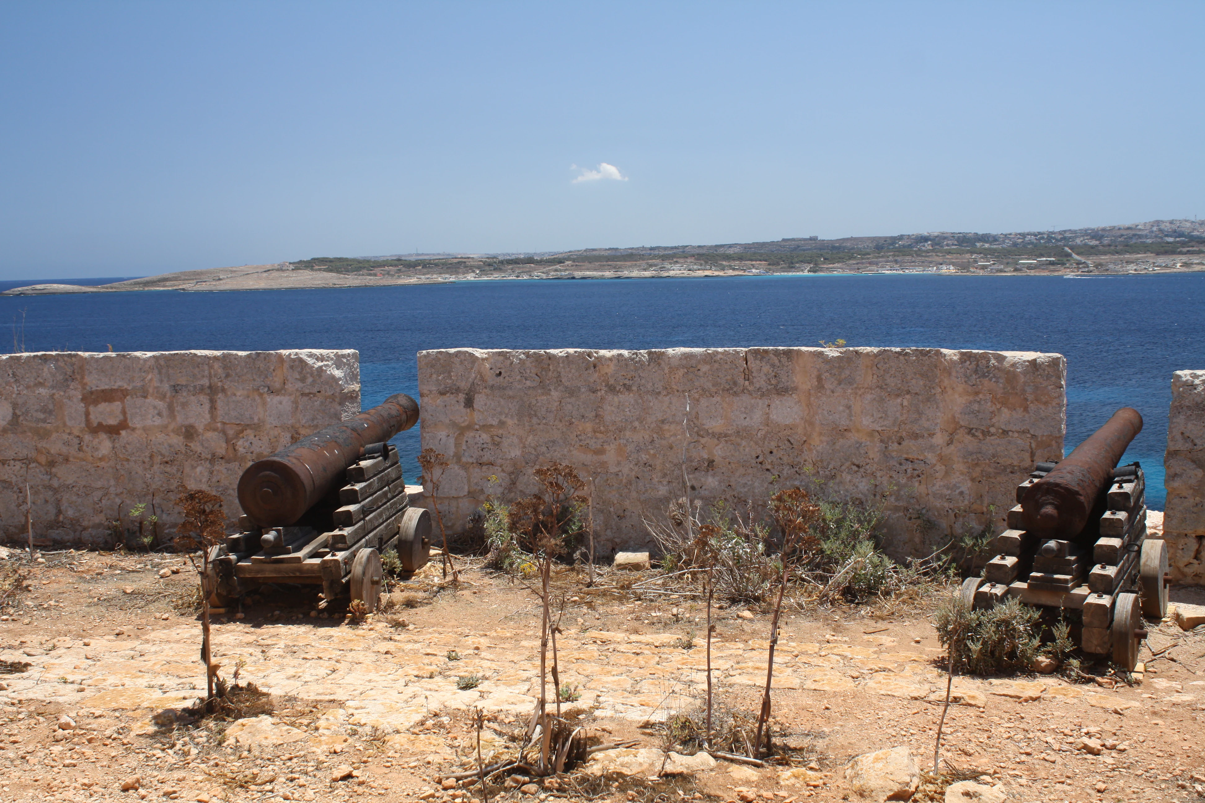 Two rusted historical cannons mounted on carriages sit behind a low stone wall overlooking the blue sea.