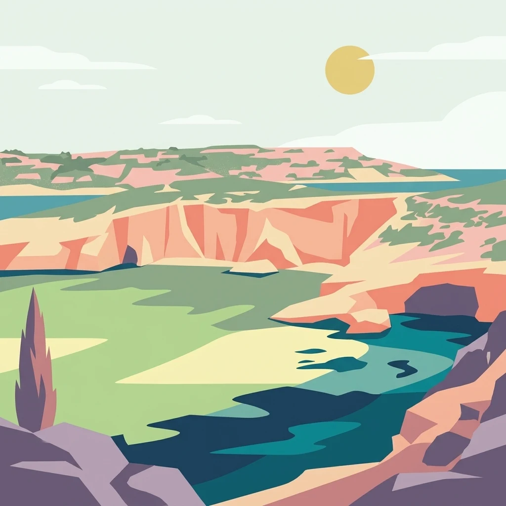 A minimalist flat illustration showing a rocky coastline with rugged cliffs and a calm, turquoise bay under a clear sun.