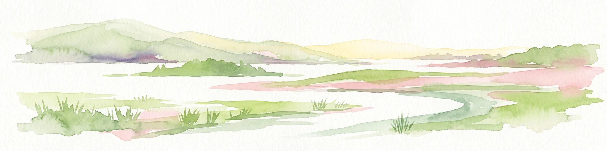 A horizontal watercolor painting showing soft green hills, grassy marshland, and a calm water channel under a light, hazy sky.