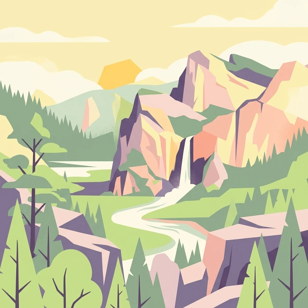 Una ilustración digital de estilo plano que representa un valle de montaña con una cascada que fluye hacia un río, rodeado de bosques de coníferas y acantilados rocosos bajo un cielo amarillo suave.
