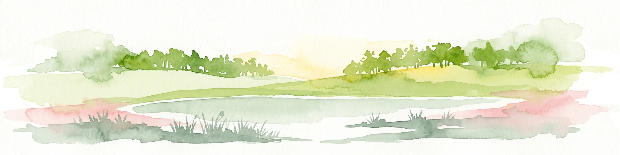 A soft watercolor illustration showing a calm pond in the foreground, with gentle grassy hills and sparse trees in the background.