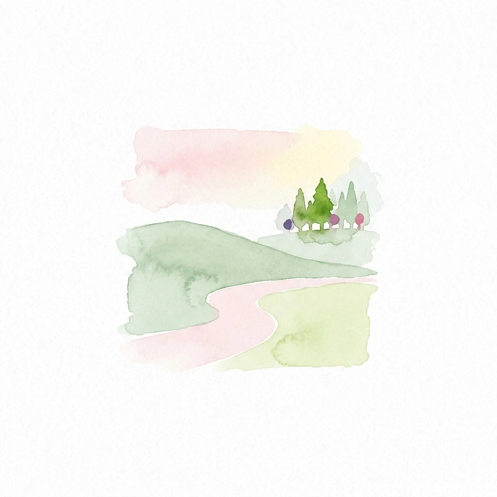 Watercolor artwork depicting a winding path through green hills with a few trees and soft pastel sky