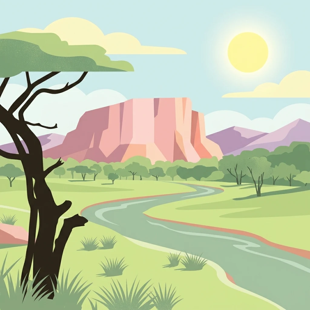 Illustration of a savanna landscape with a winding river, scattered trees, a large rock formation, and a bright sun in a clear sky
