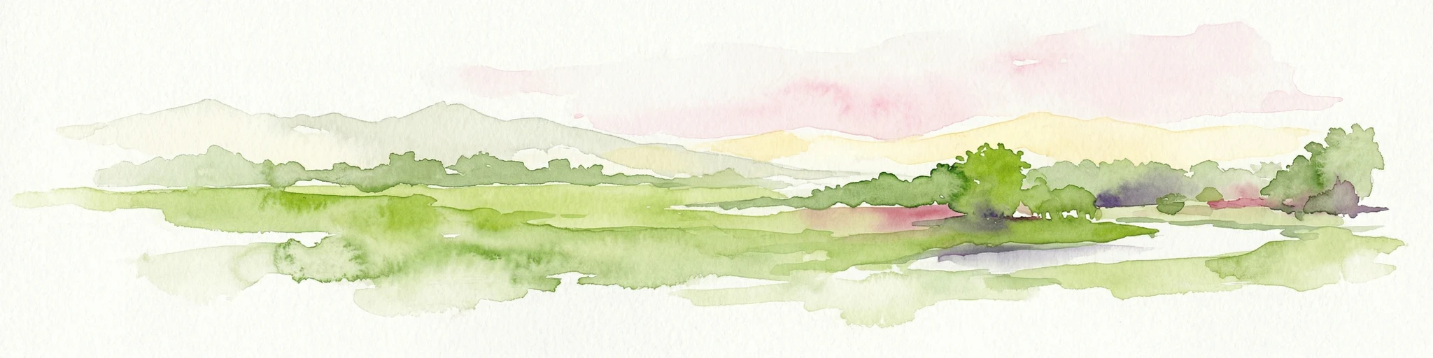 Watercolor illustration of a landscape with green fields, trees, and a body of water