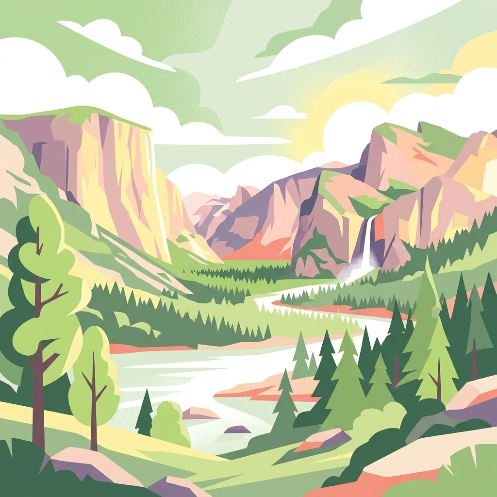 An illustrative style digital artwork showing a mountain valley landscape with a winding river, dense evergreen forests, waterfalls falling from cliff faces, and a sunrise sky.
