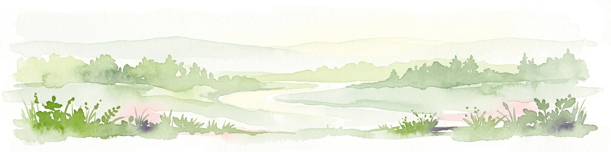 A horizontal watercolor painting showing a winding river flowing through a lush green landscape with distant rolling hills.