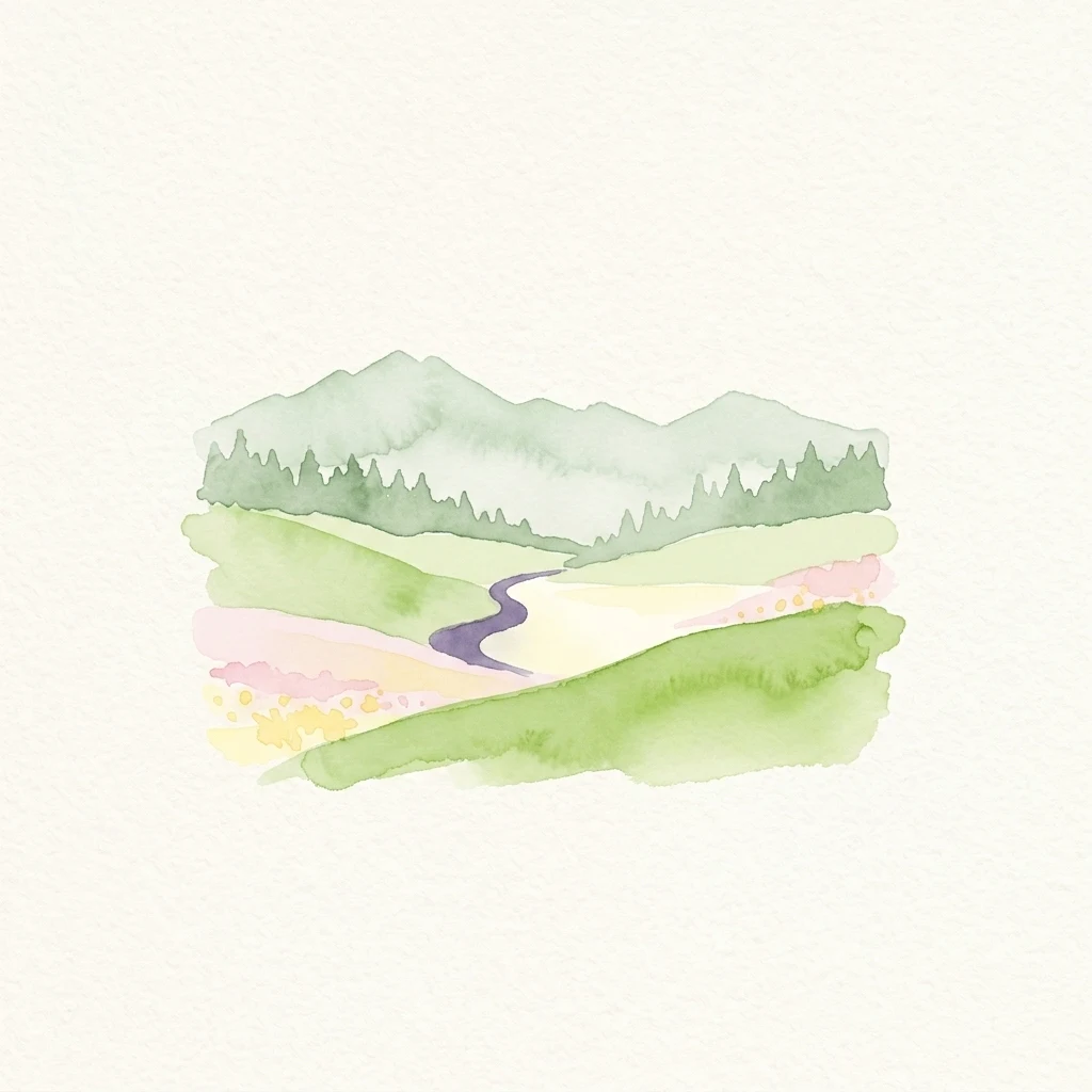 Ilustración en acuarela de colinas onduladas, bosques y montañas con un sendero serpenteante a través del paisaje