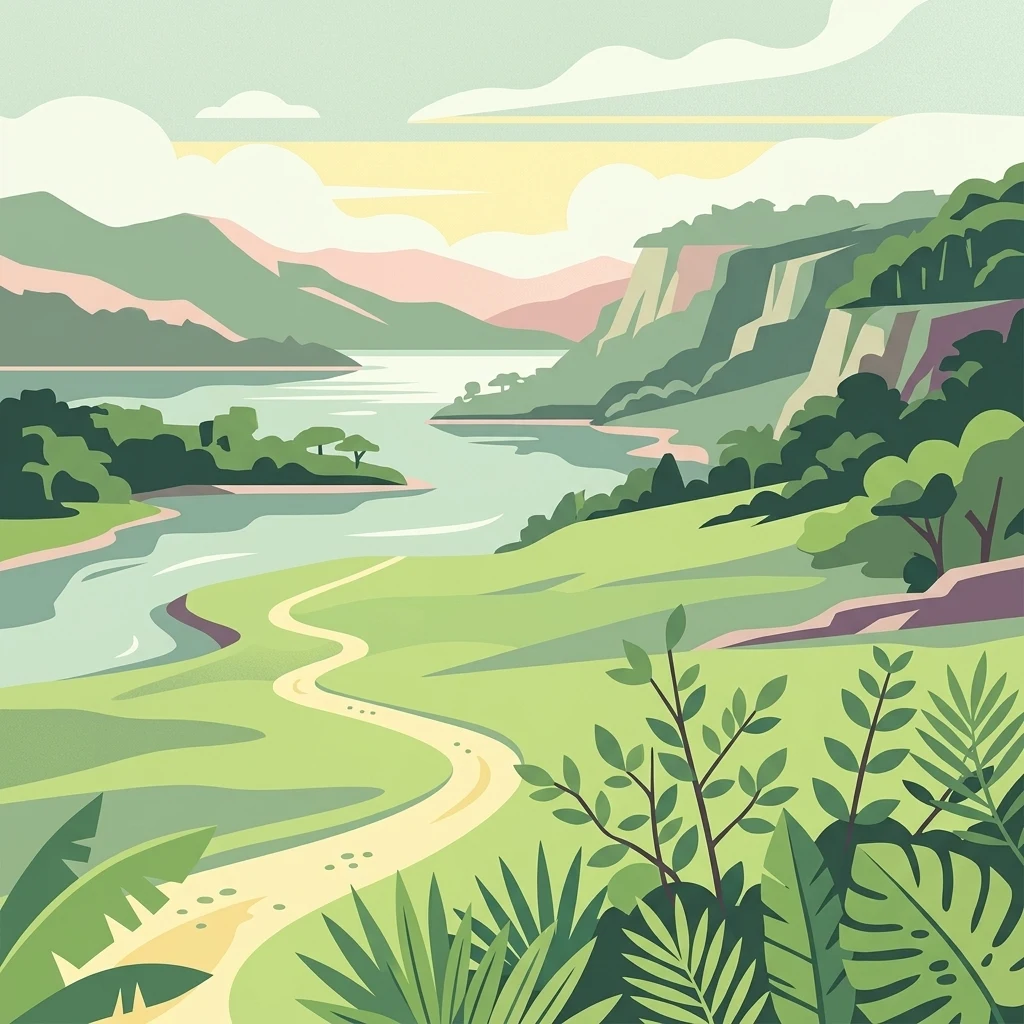 Illustration of a winding river through a valley with green hills and mountains under a partly cloudy sky
