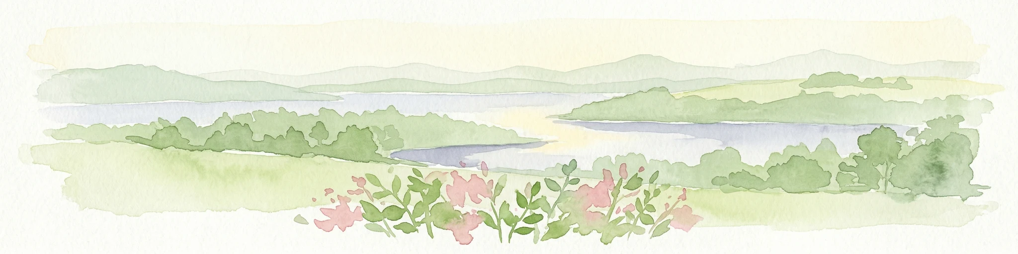 Pintura de acuarela que muestra un río con colinas verdes y flores rosas en primer plano