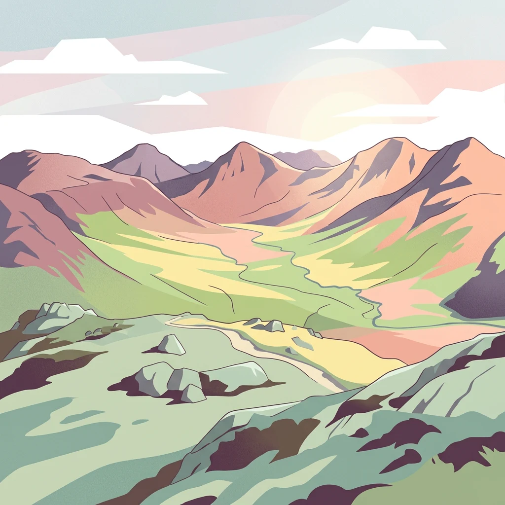 Ilustración estilizada de un paisaje montañoso con terreno colorido, valle y camino sinuoso bajo un cielo parcialmente nublado