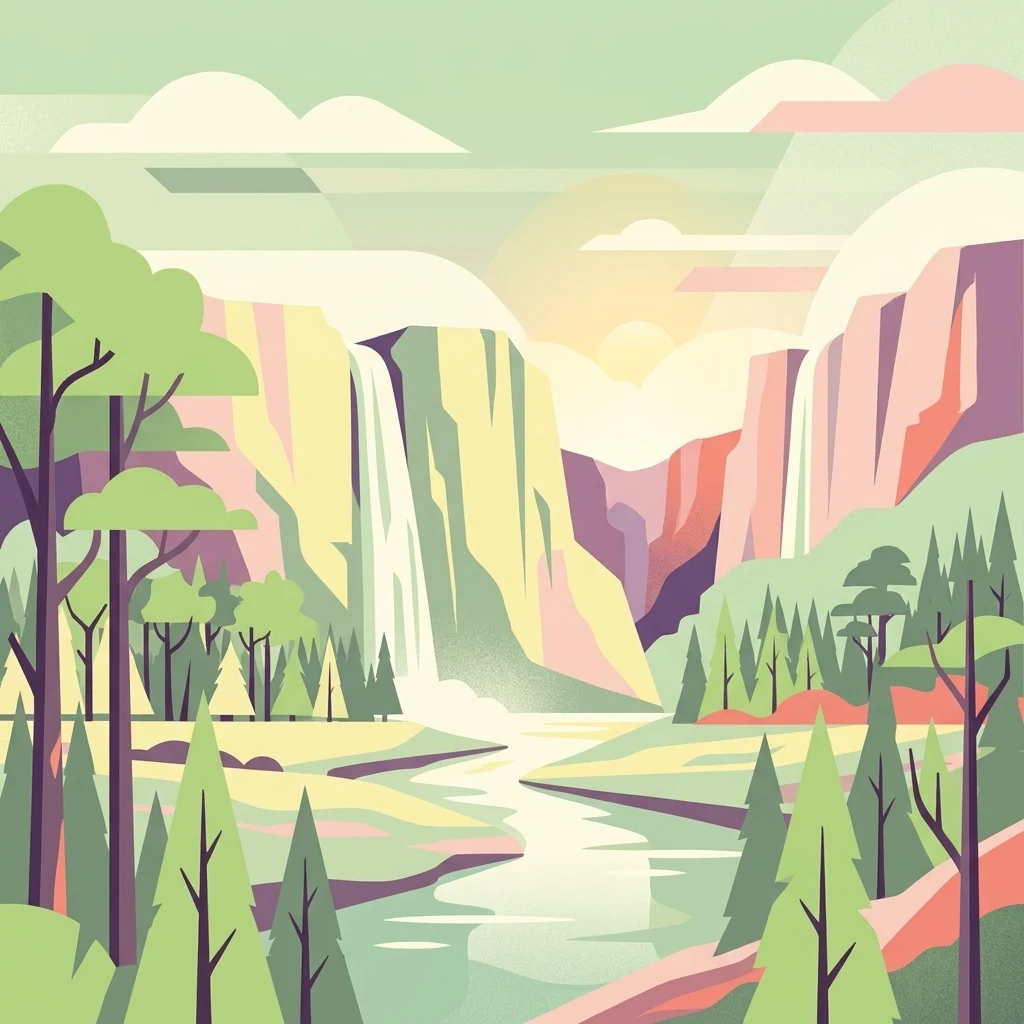 A flat, vector-style illustration of a canyon or valley with two prominent waterfalls flowing down sheer cliffs into a central river, surrounded by pine trees under a pale sky.