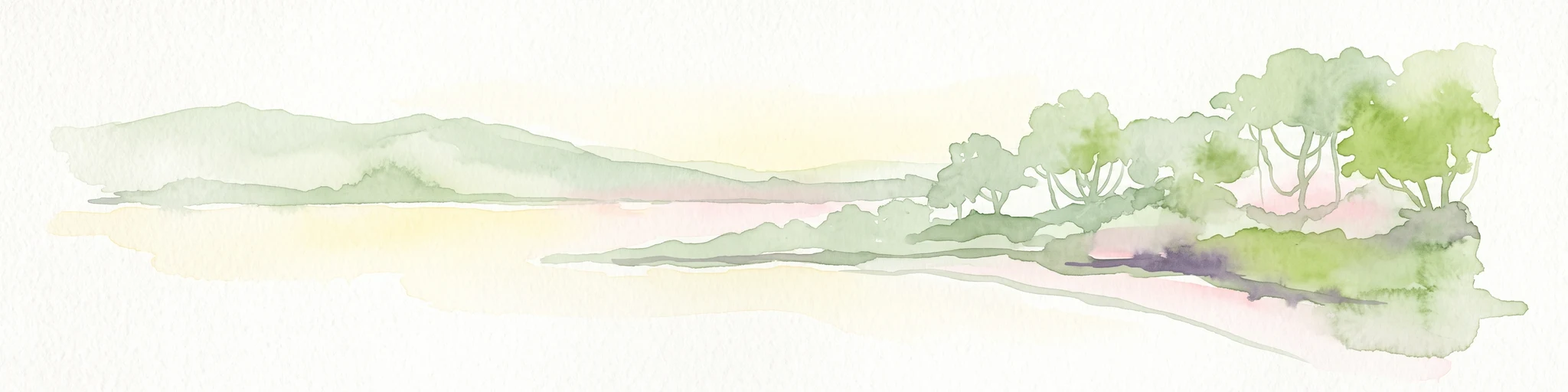 A soft watercolor painting of a riverbank scene with trees along a shoreline and rolling hills in the background.
