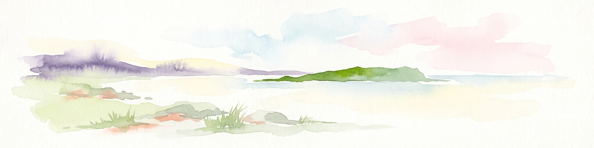 A soft watercolor painting depicting a coastal landscape with a green island in the middle ground and a pale sky above.