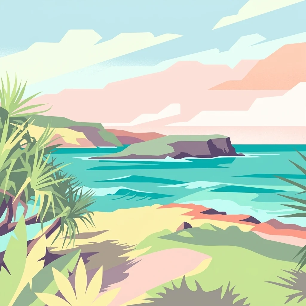 A stylized digital illustration of a coastal landscape with a small, steep island offshore, turquoise water, and tropical foliage in the foreground.