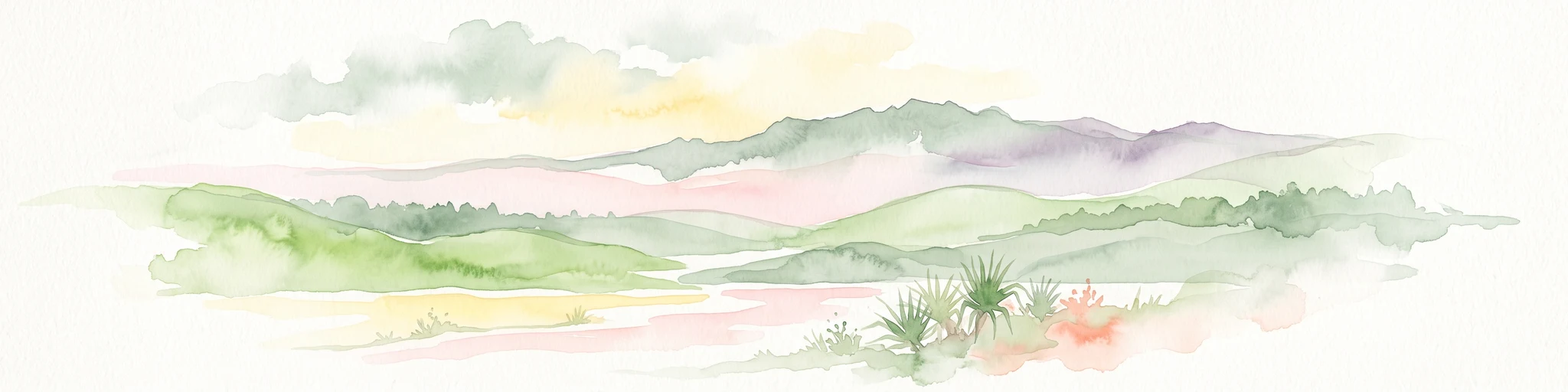 A soft watercolor painting of a landscape featuring rolling green hills, a faint mountain range in the distance, and sparse vegetation in the foreground.