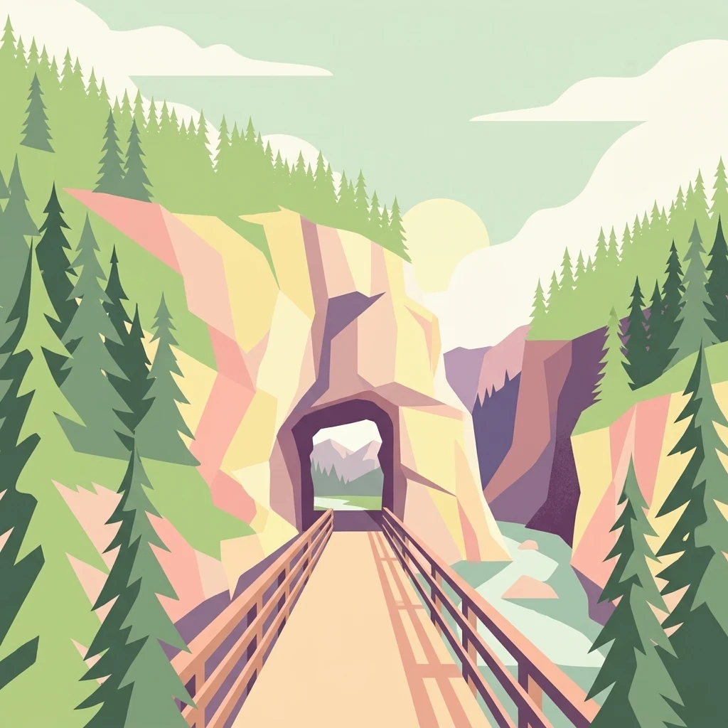 A minimalist, geometric illustration showing a wooden footbridge leading into a dark tunnel carved through a rocky canyon, surrounded by evergreen trees, with a river flowing through the gorge below.