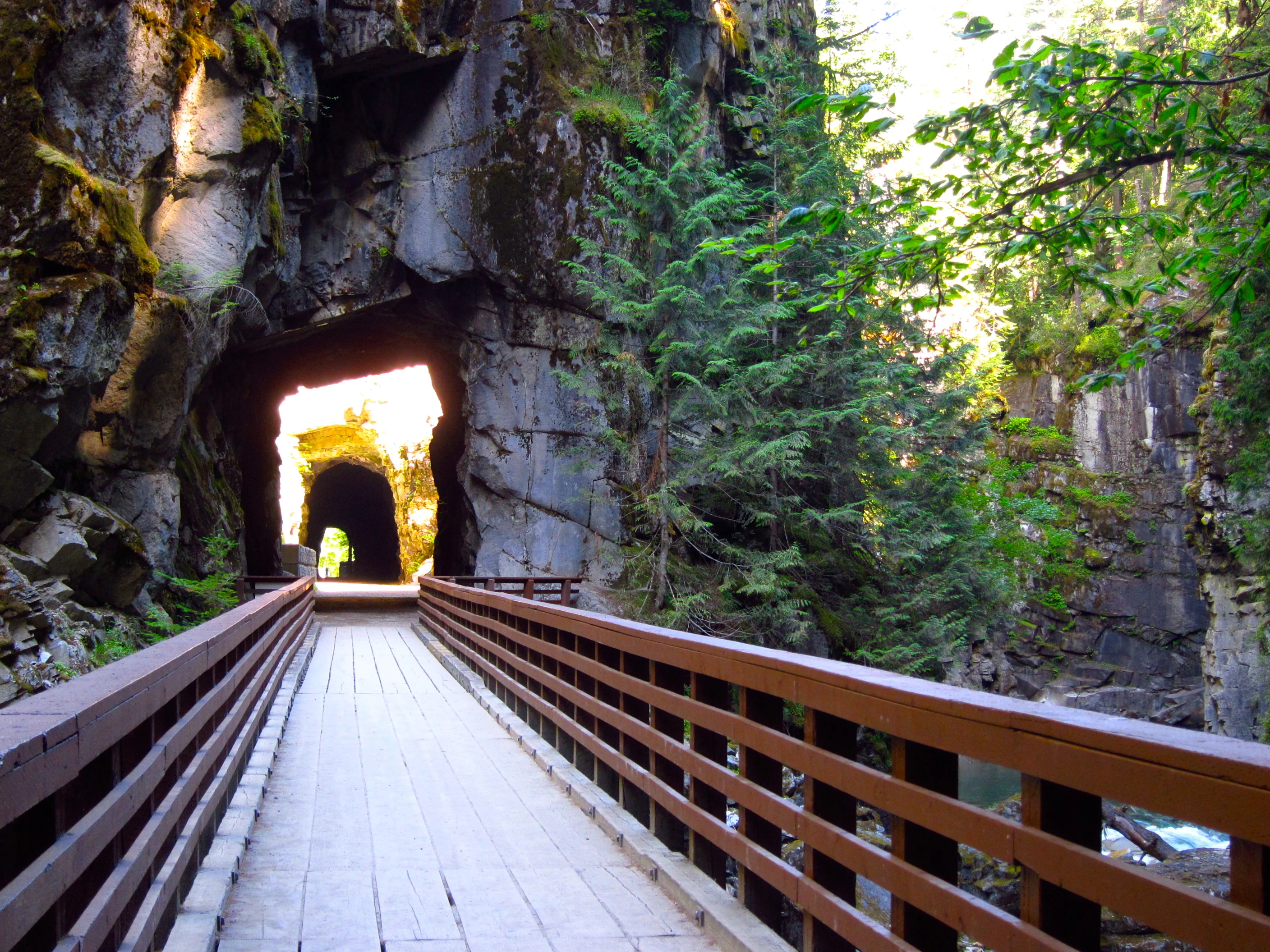 A wooden walking bridge with railings leads toward a dark tunnel cut into a towering, mossy rock cliff, with trees on the right side and a hint of a river below.