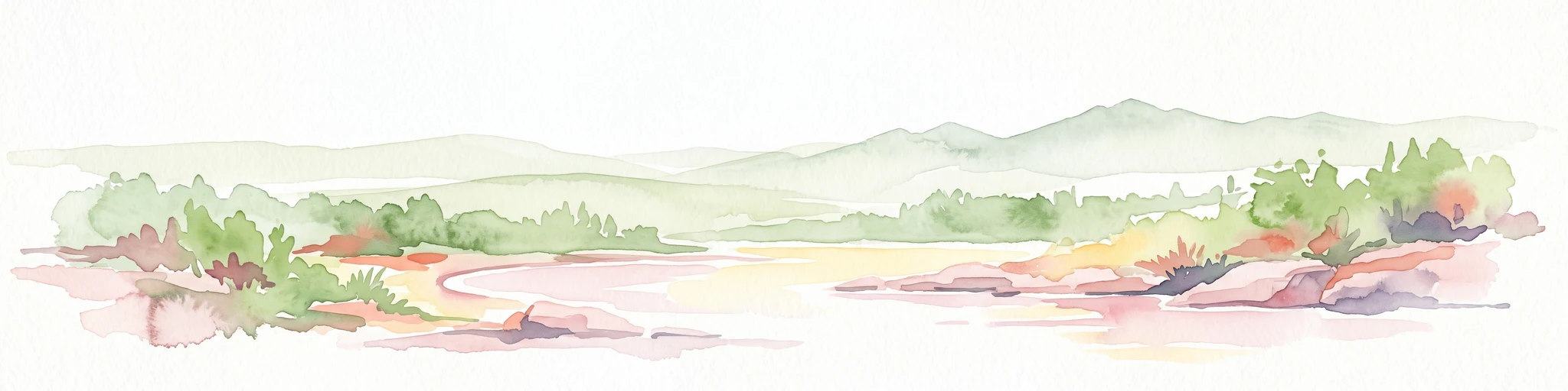 A pale, minimalist watercolor illustration of a soft, hazy landscape featuring rolling mountains in the distance, low-lying green shrubs, and rocky terrain along a shoreline.