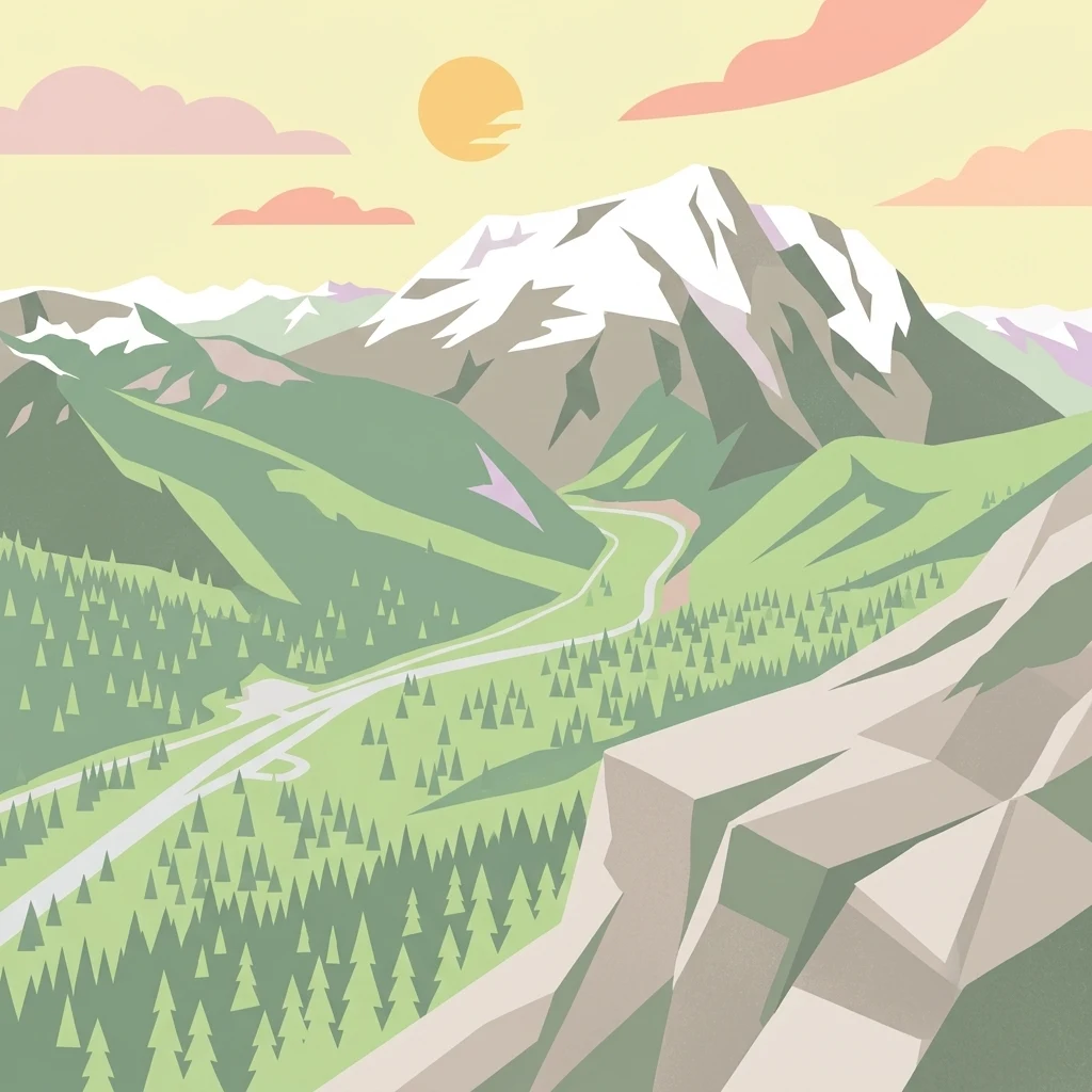 Una ilustración vectorial estilizada que representa una carretera sinuosa que atraviesa un valle verde lleno de pinos, dirigiéndose hacia una gran montaña con la cima nevada bajo un sol y nubes rosadas.