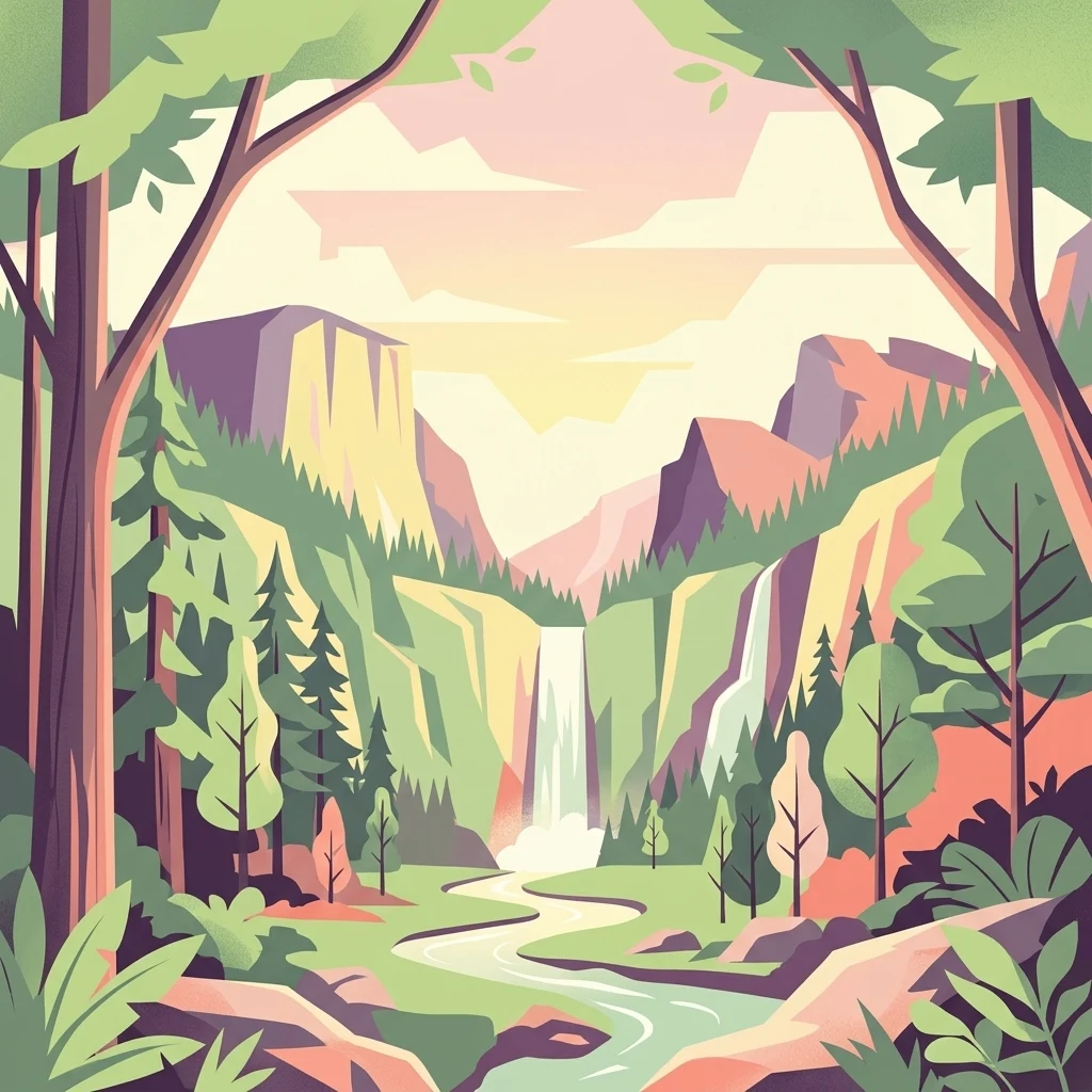 Stylized digital illustration of a mountain valley featuring a central waterfall, a meandering river, and surrounding pine forests under a soft sky.
