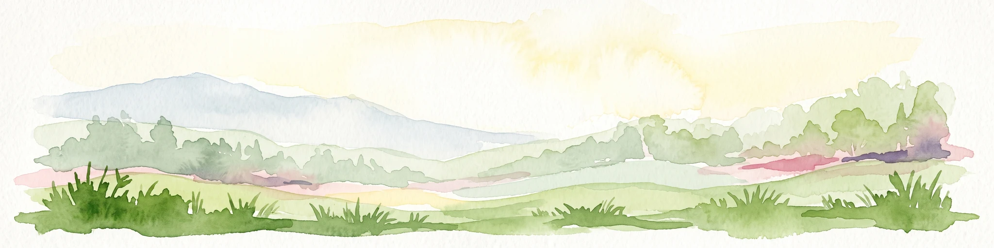 A horizontal watercolor illustration depicting rolling green hills, distant mountains in muted tones, and grassy foreground vegetation.