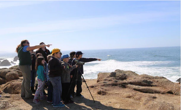 A diverse group of school-aged children and an adult guide standing on a rocky coastal cliff, looking out toward the ocean and pointing. One student is looking through a spotting scope mounted on a tripod.