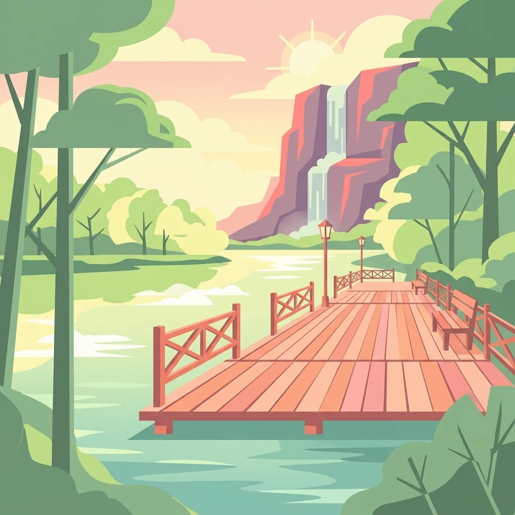 A flat-style digital illustration featuring a wooden boardwalk and benches over a river with a waterfall and cliffs in the background.