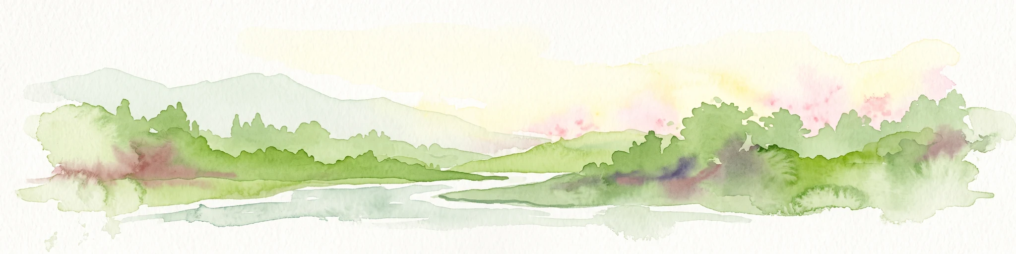 A soft watercolor illustration of a river winding through green mangrove vegetation with distant hills under a light, hazy sky.