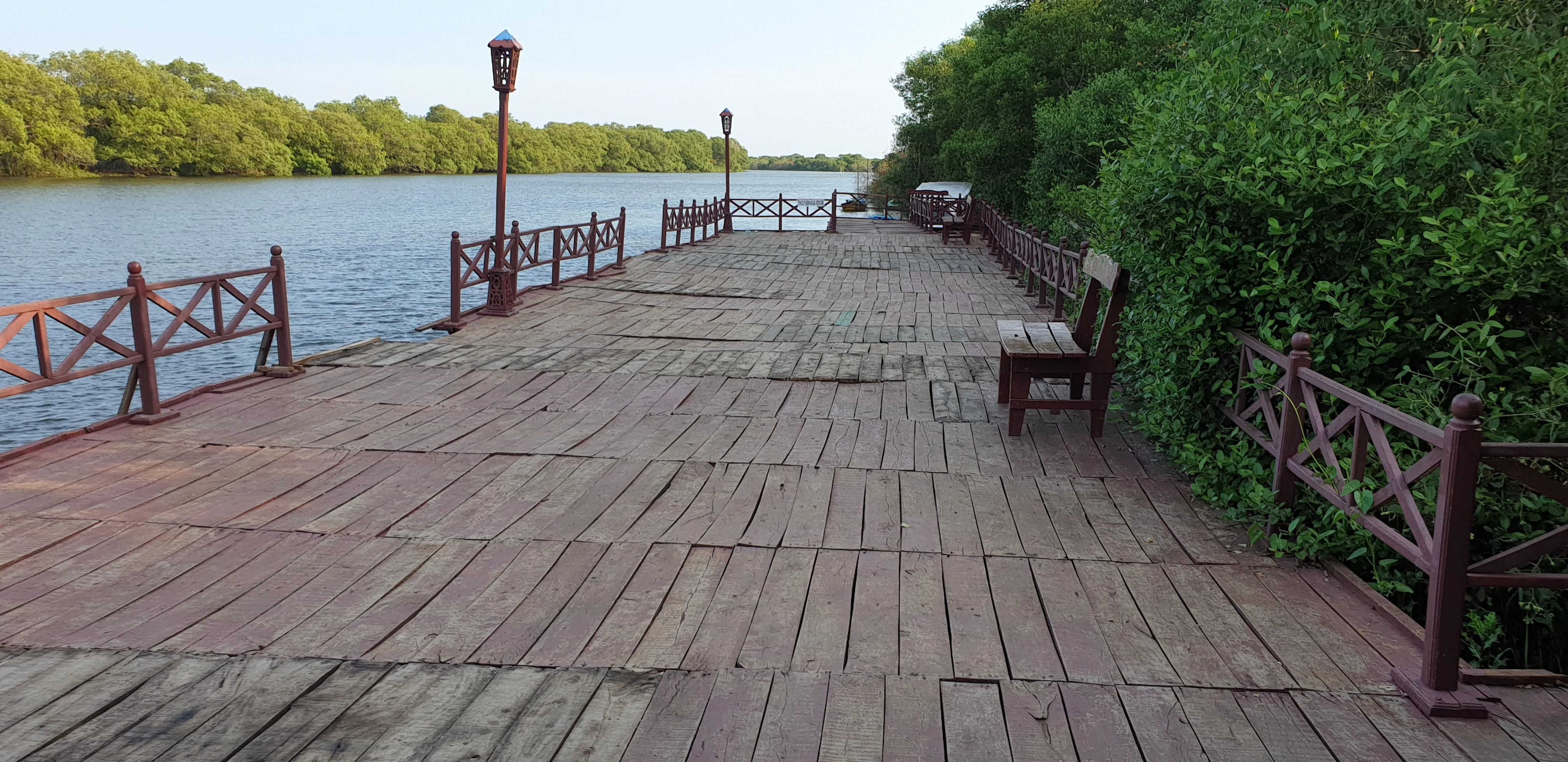 A wooden boardwalk or pier extends over a river, lined with railings, benches, and lamp posts, with dense green mangrove forest on both sides.