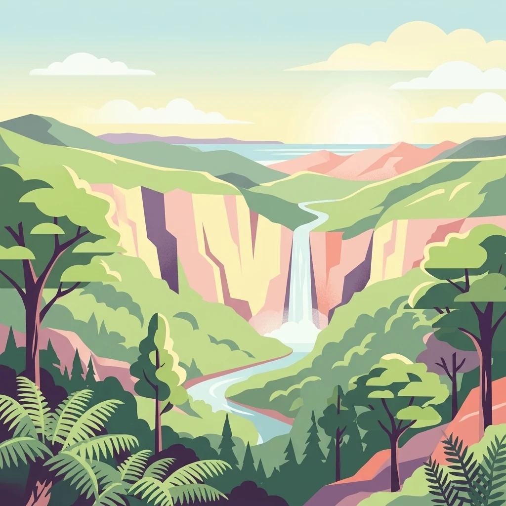 An illustration of a waterfall falling over a cliff face into a river winding through a valley filled with dense green trees and ferns under a sunrise sky.