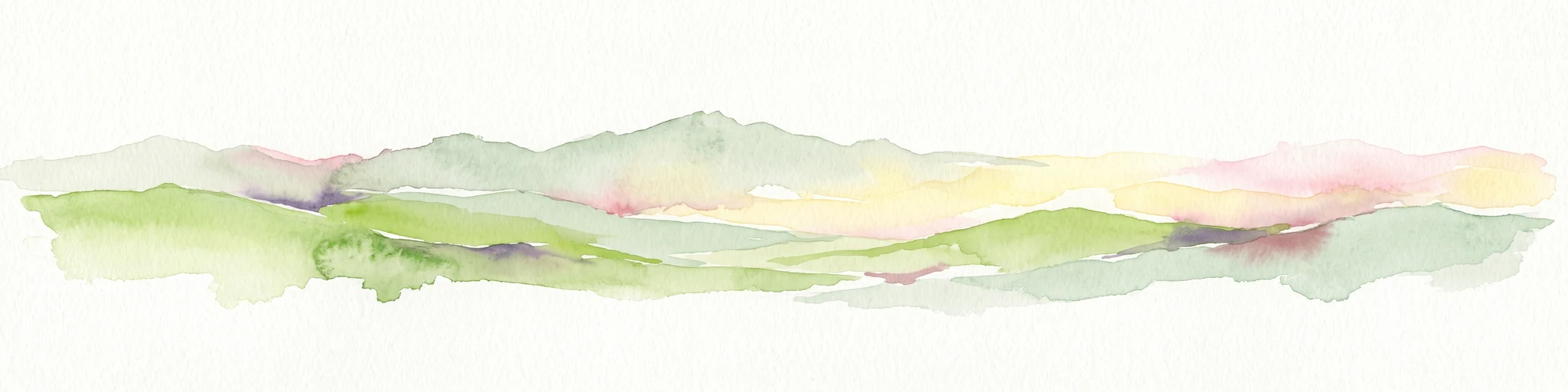A horizontal, minimalist watercolor painting showing stylized rolling hills in shades of light green, pale yellow, and soft pink against a white background.
