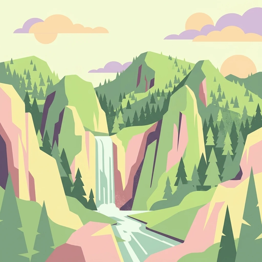 A flat, vector-style illustration of steep, light green mountains and rocky cliffs with dark green coniferous trees and a white waterfall cascading into a stream at the center, set against a soft, pastel-colored sky.
