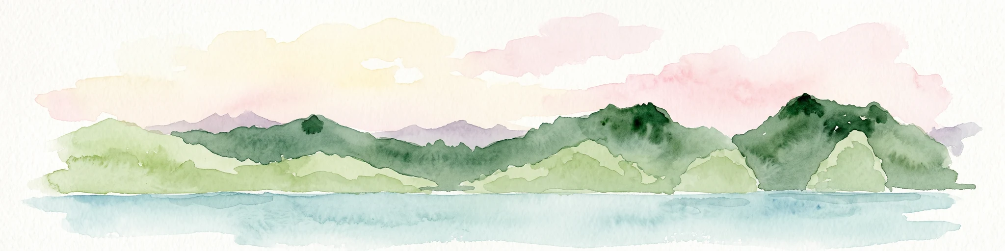 Una ilustración horizontal en acuarela que representa capas de paisajes montañosos verdes contra un cielo rosa pálido, reflejados en aguas azules y tranquilas.