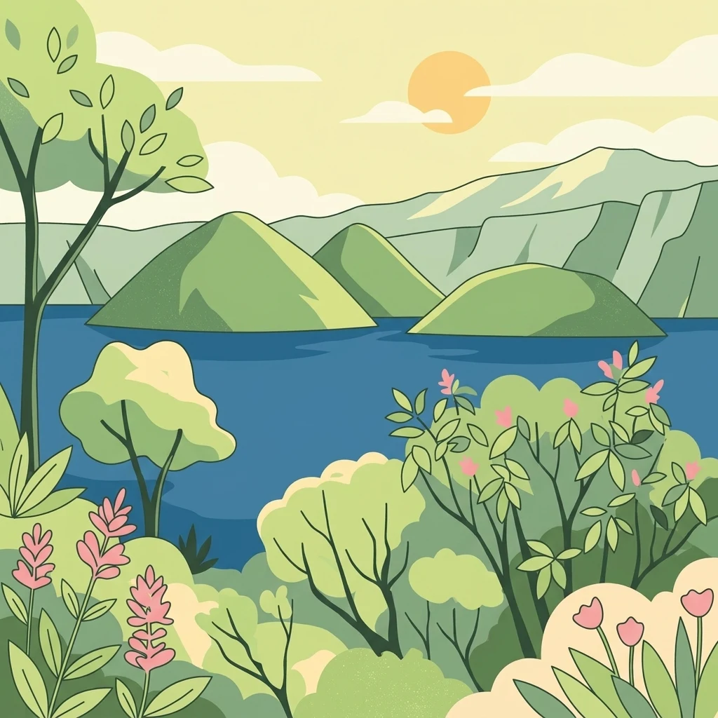 Una ilustración digital de estilo plano que muestra un lago azul tranquilo con colinas verdes y redondeadas al fondo, rodeado de varios árboles y flores silvestres rosadas en primer plano bajo un sol amarillo.