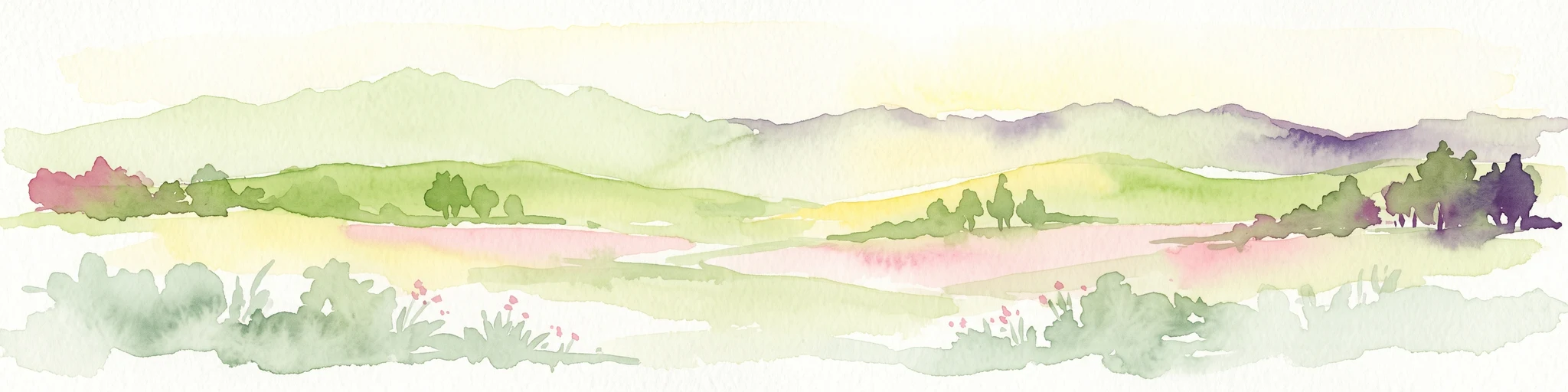 A horizontal watercolor painting showing layers of rolling green hills, a pink-toned foreground meadow, and distant hazy mountain ridgelines against a light background.