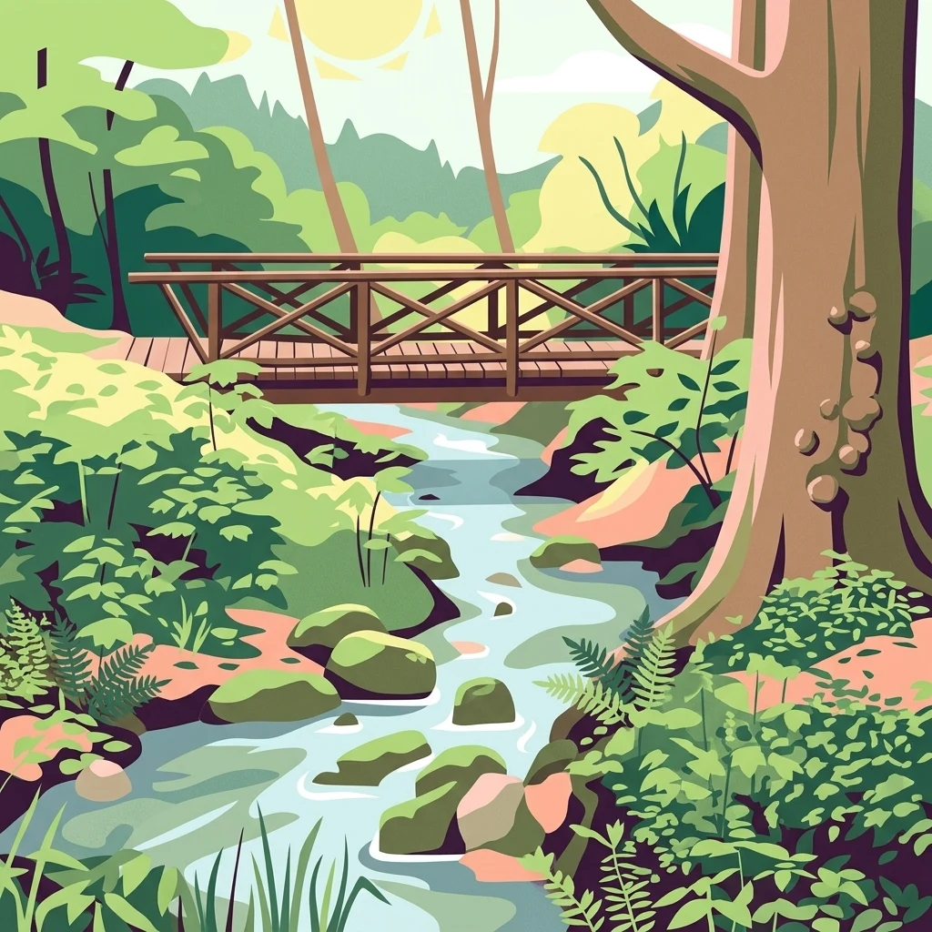 An illustrative art style drawing of a small wooden bridge crossing a winding stream in a lush, green forest setting with rocks in the water and dense vegetation.