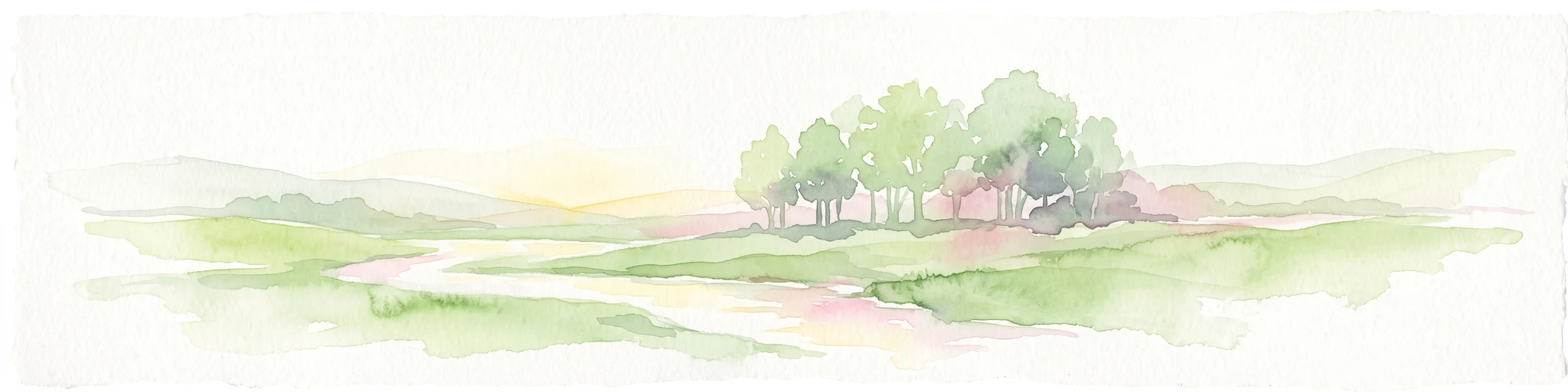 Watercolor painting of a green valley with a meandering stream and a cluster of trees against a light background.