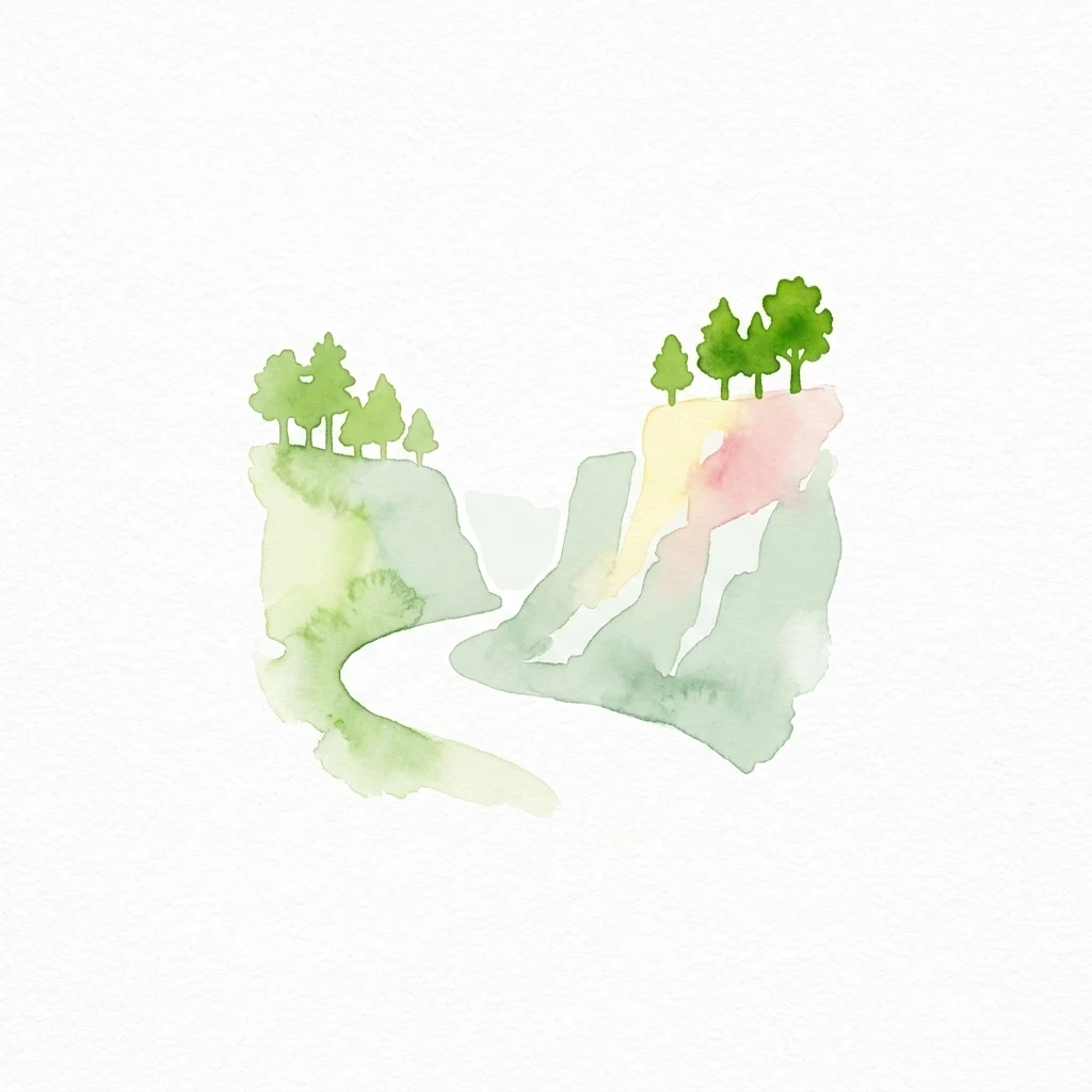 Una ilustración en acuarela que muestra un río serpenteante que fluye entre dos acantilados verdes cubiertos de árboles sobre un fondo blanco.