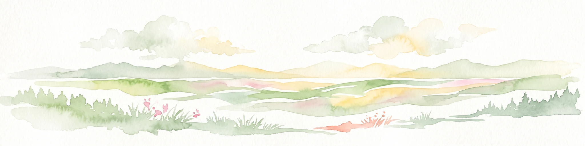 Watercolor painting of soft rolling dunes, green hills, and light clouds.
