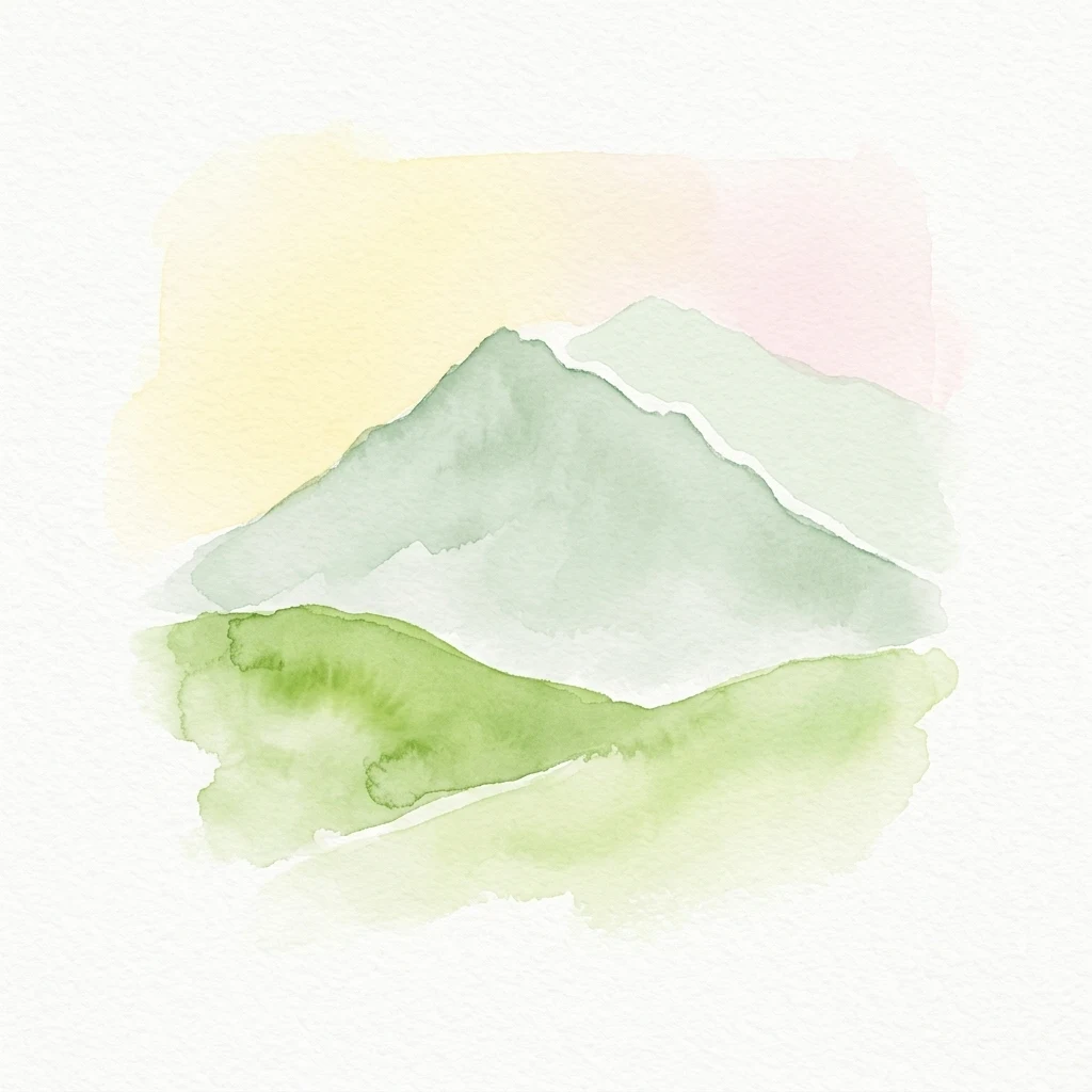 Ilustración acuarela de un paisaje montañoso con colinas verdes en primer plano y picos montañosos al fondo bajo un cielo de colores pastel.