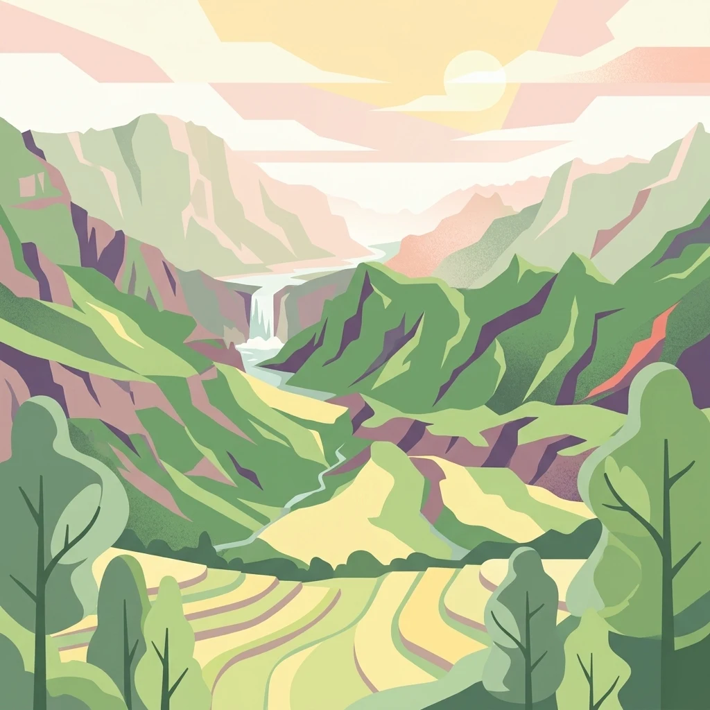 Ilustración estilizada de un valle de montaña con bancales, un río y una cascada bajo un cielo crepuscular