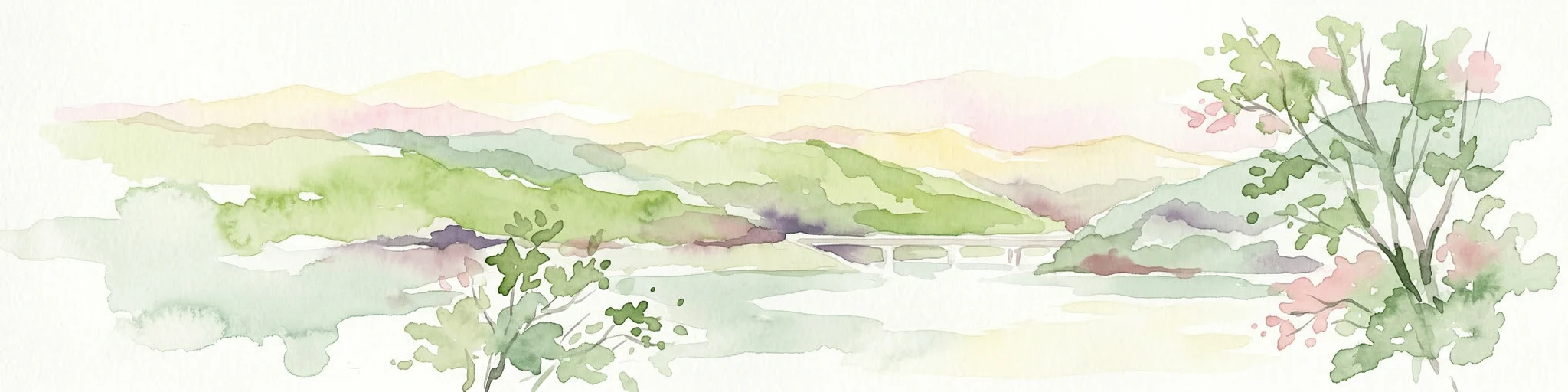 Pintura de acuarela que muestra colinas verdes, árboles y un río