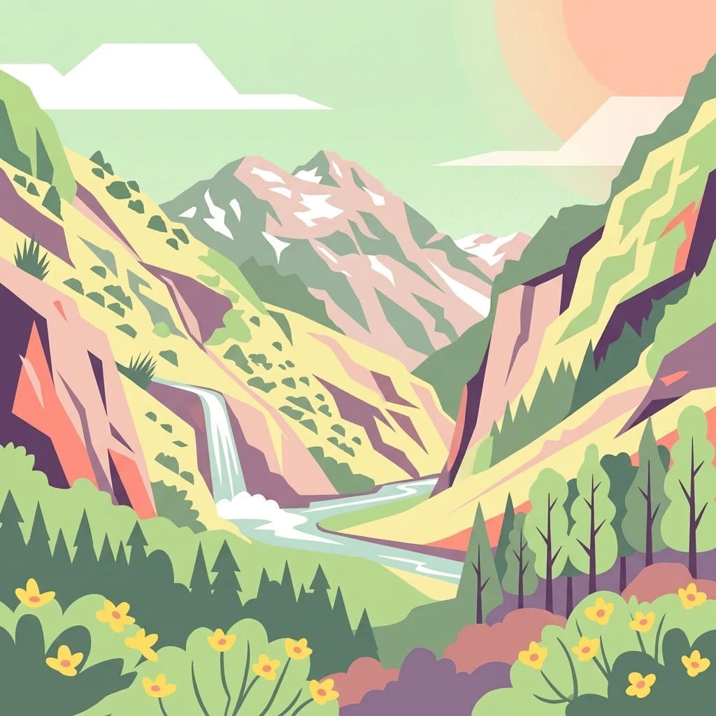 A flat-style vector illustration depicting a mountain valley with a winding river, a waterfall on the left, and pine forests at the base, under a stylized sun.