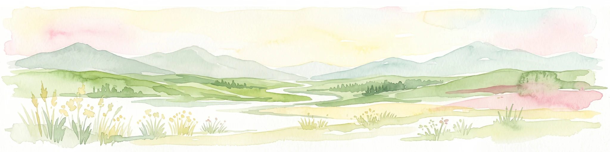 A soft watercolor illustration featuring a panoramic view of rolling green hills, distant mountains, a meandering stream, and wildflowers in the foreground.