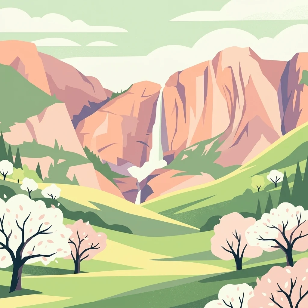 Una ilustración que muestra un valle con grandes acantilados, una cascada central y varios árboles en flor en primer plano contra un cielo pastel.