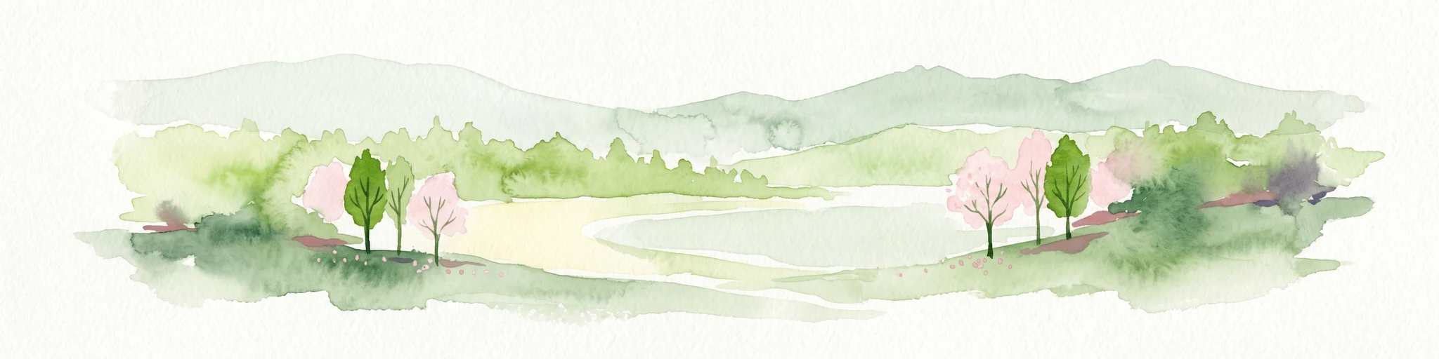 A horizontal watercolor illustration depicting a soft, pastel landscape with rolling hills in the background, a small pond, and several green and light pink flowering trees.