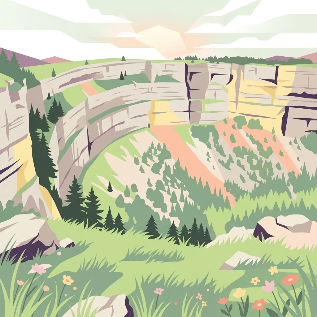 Una ilustración digital de un amplio anfiteatro natural de roca en forma de semicírculo, con laderas verdes y coníferas dispersas bajo un cielo suave y luminoso.