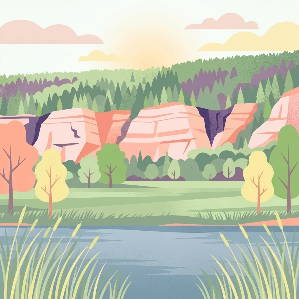 A digital illustration of a landscape with a river in the foreground, bordered by tall grasses. In the midground, there are trees and a meadow, and in the background, steep light-colored cliffs rise beneath a soft sunset sky with green forest on the slopes.