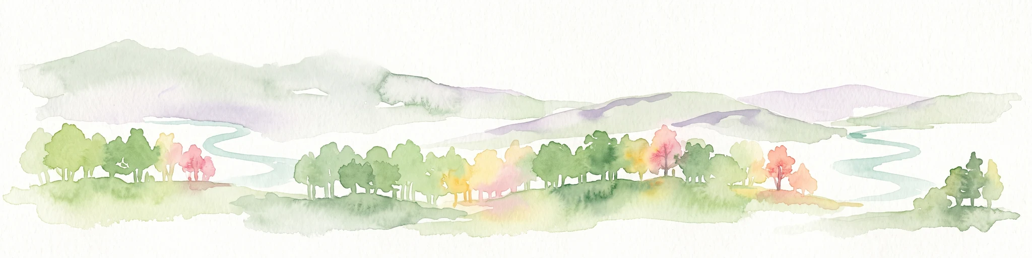 A horizontal watercolor illustration showing a landscape with rolling, misty purple hills in the background and a line of stylized green and pink trees in the foreground, with a meandering river winding through the scene.